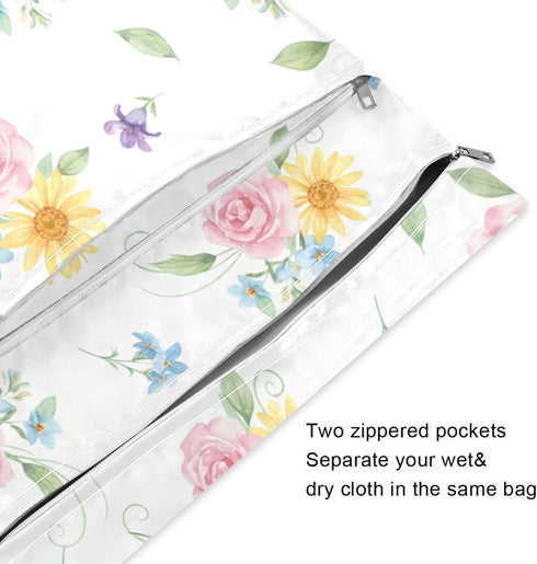 Burbuja 2 Pack, 2 Flowers Wet Dry Bags for Baby Cloth Diaper Waterproof Reusable Wet Bag with Zippered Pockets