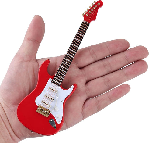 Dselvgvu Wooden Miniature Electric Guitar with Stand, Dollhouse Model Birthday Present (Red)