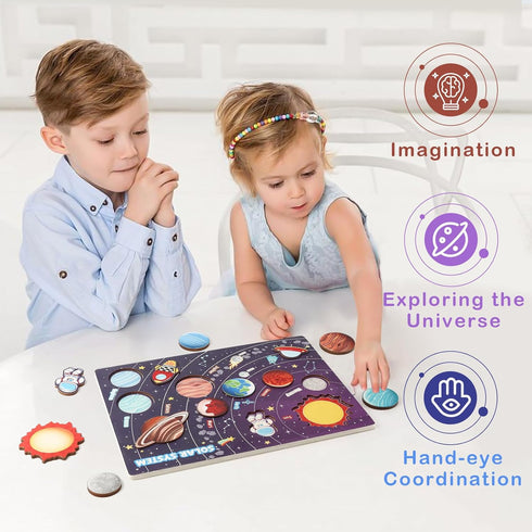 Gserin Wooden Solar System Puzzle for Kids, Montessori Toys Movable Planets Board Game for Toddlers, Outer Space Themed