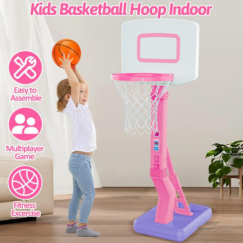 Toddler Pink Basketball Hoop - Height Adjustable Indoor Outdoor Goal with Balls for Ages 1-5