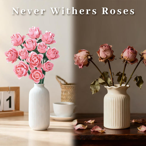 Set, Pink Roses Flower Bouquet Building Artificial Flowers Botanical Collection Compatible with Lego Flowers for Adults