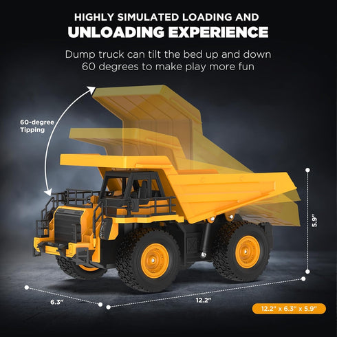 9-Channel 1:18 100-Min 2026 6-12 RC Dump Truck Toy | Scale Construction Vehicle with Working Bed, Lights & Sounds