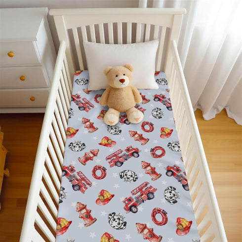 Wicbfdfv 28x52 Inch Cute Firetruck Dog Fireman Hat Baby Crib Sheets for Boy Girl Trucks Rescue Car Puppy Dogs Stars