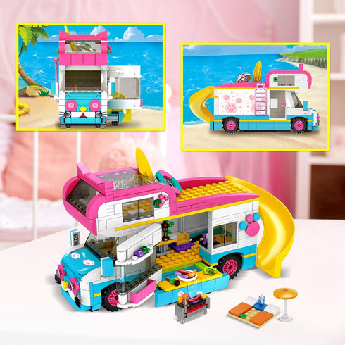 HOGOKIDS 3-in-1 Girls Camper Van Building Set, 494PCS Summer Beach Camping Blocks and Food Truck Toys