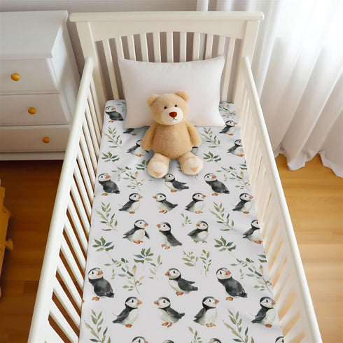 Wicbfdfv 28"x52" Watercolor Puffins Boho Leaves Fitted Crib Sheet for Baby Girls Boys Cute Bird Baby Sheet for Standard