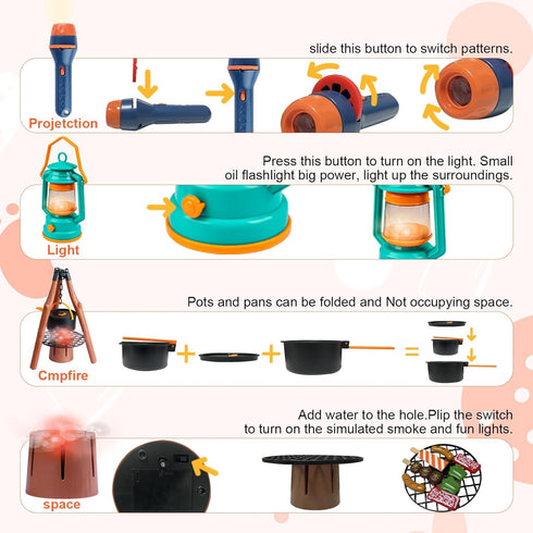 Set 50pcs Set Qtioucp Kids Camping with Tent & Space Projector Flashlight- Outdoor Campfire Toy for Toddlers Kids