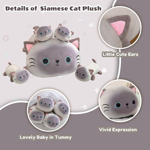 5 1, 4 Tummy, SQEQE Siamese Cat Stuffed Animals in Cute Siamese Cat Plush with Babies in Christmas Birthday Gifts
