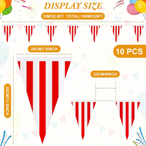 328ft 200 Pcs Carnival Circus Party Decorations - Red and White Striped Pennant Banner Flags for Celebration