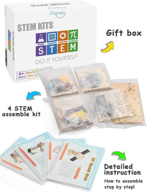 Poraxy 4 in 1 STEM Kits, Educational Science Craft Model Kit, Assembly 3D Wooden Puzzles, Gift for Kids Ages 8-12,