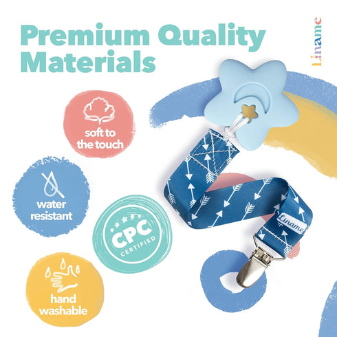 Liname 4 Pack Neutral Pacifier Clip with Teething Toy - Unisex Baby Binky Holder and Soothie Paci Clip (Blue)