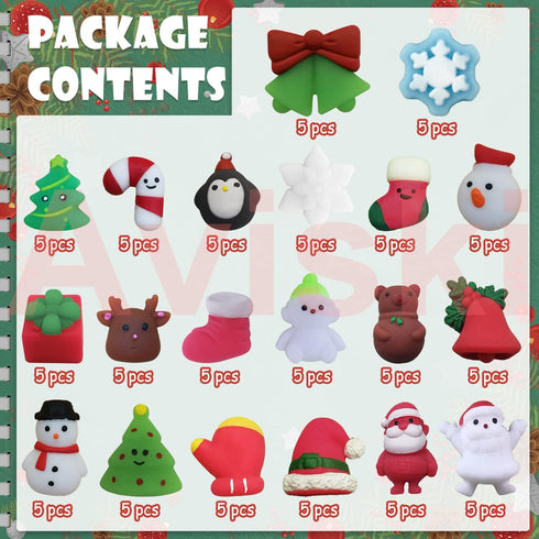 100PCS Christmas Mochi Squishy Toys, Mini Kawaii Christmas Squishies Soft Fidget Toys Stress Squeeze Toys Party Bags