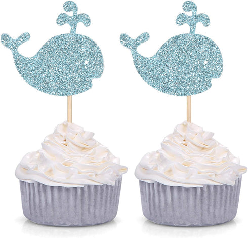 24 Blue Glitter Whale Cupcake Toppers for Baby Shower Birthday Party Sea Creature Decorations