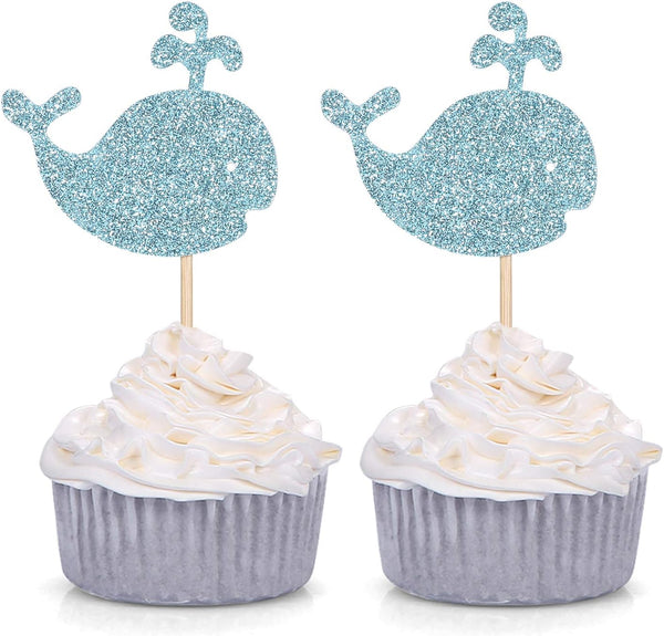 24 Blue Glitter Whale Cupcake Toppers for Baby Shower Birthday Party Sea Creature Decorations