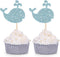 24 Blue Glitter Whale Cupcake Toppers for Baby Shower Birthday Party Sea Creature Decorations