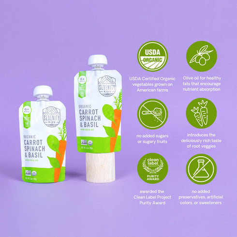 Serenity Kids 6+ Months USDA Organic Veggie Puree Baby Food Pouches - Carrot Spinach & Basil, 3.5 Ounce BPA-Free Pouch