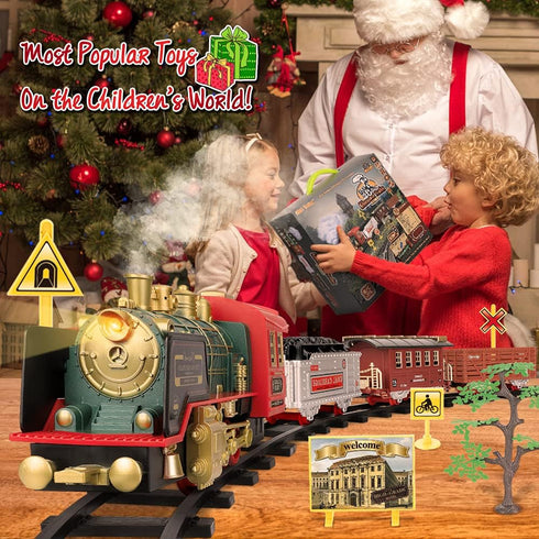 Mini Tudou Christmas Electric Train Set w/Steam, Sound & Light, Remote Control Train Toys with Steam Locomotive Engine,