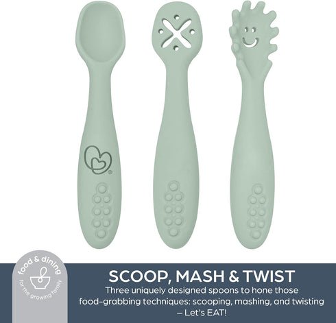 Dreambaby Scoop Mash and Twist Silicone Baby Spoon Set - 3 Stage Toddler Utensils for Baby Led Weaning - Soft Chew Training Spoons