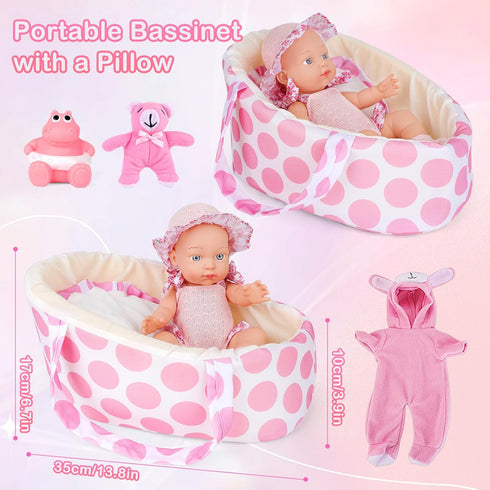 13'' Playset Set 3+ deAO Baby Doll with Bassinet Carrier Bed Baby Doll Accessories Including Pillow Clothes Pacifier