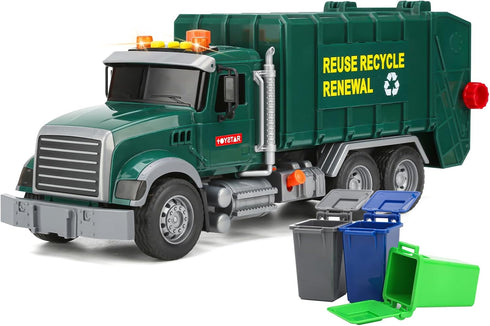 Big Garbage Truck Toys for Boys, Inertial Powered Push Car with Lights and Sounds, Trash Truck Model with 3 Garbage Cans
