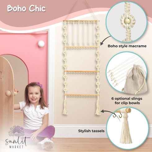 Headband Holder - Macrame Bow Organizer for Baby Girl with 48 Metal Hooks, 6 Slings & Wooden Bead