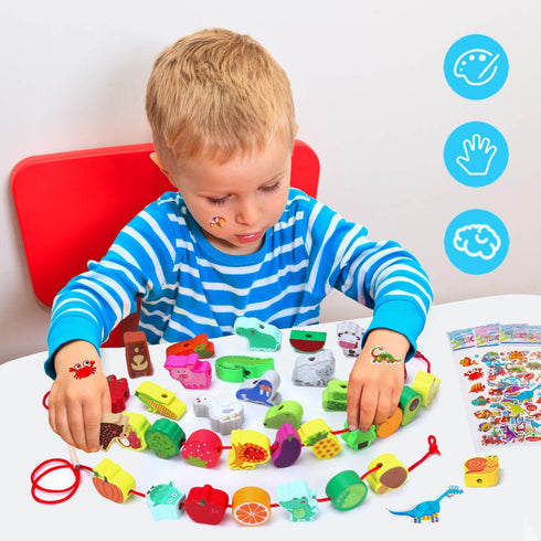 Montessori Educational Wooden Lacing Beads Toys for Toddler 3-5 Years Old, Farm Animals Fruits Vegetables Threading