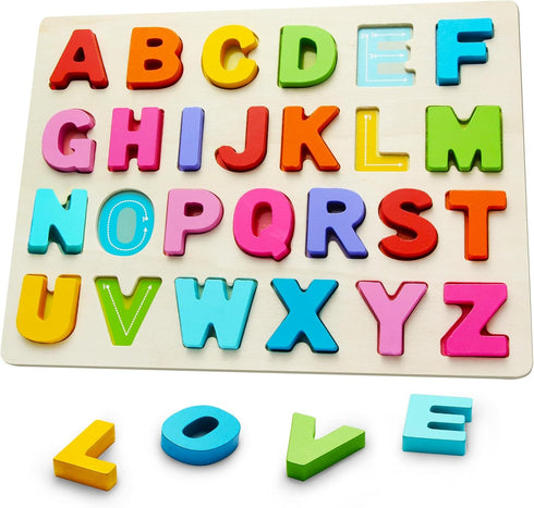 JOLSNAF Wooden Puzzles for Toddlers, ABC Alphabet Puzzle, Learning Toys, Preschool Learning Activities,