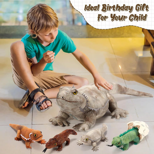 Lenwen 5 Pieces Bearded Dragon Lizard Plush Toy Set, 26 Inch Bearded Dragon Stuffed Animal with 4 Plush Baby Lizards