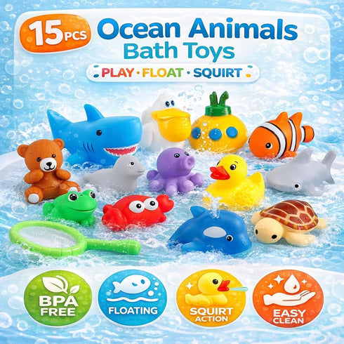15 PCS Ocean Animals Rubber Bath Toy Water Squirters with Floating Bathtub Squeeze and Play Soft Sea Creatures anf