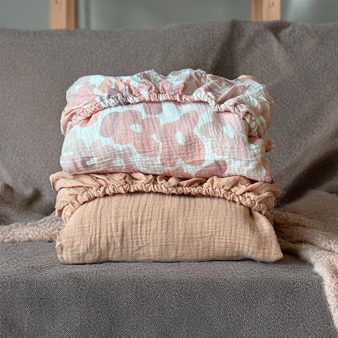 Set: (2-Pack) (2-Pack) 4-Piece Pink Floral Nursery Bedding Muslin Fitted Crib Sheets & Soft Newborn Swaddle Blankets