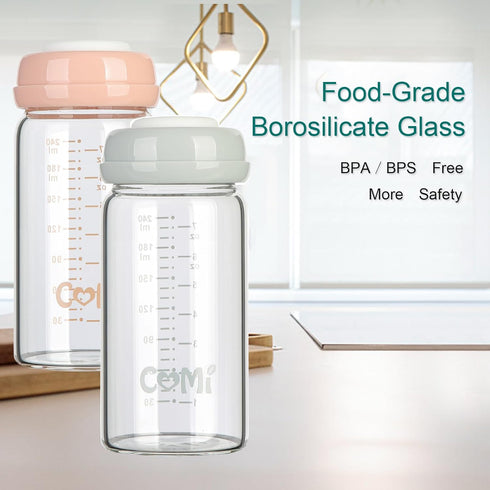 8oz (2 COMI Wide Neck Glass Breastmilk Collection n Storage Bottle, with Screw Ring Sealing Disk; Re-markable Sealing