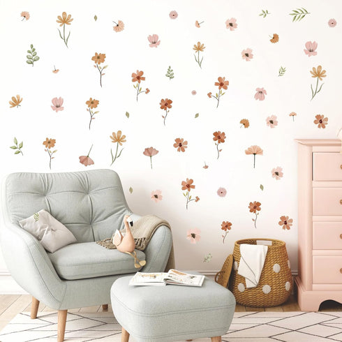 Small Flower Wall Stickers Boho Floral Wall Decals Watercolor Wildflower Decals Cute Flowers Stickers Removable Retro