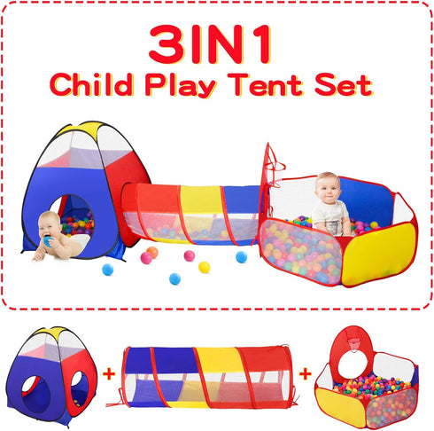 3 in 1 Kids Play Tent with Baby Ball Pit and Play Tunnel, Indoor Outdoor Playhouse for Toddlers, Best Birthday Gifts