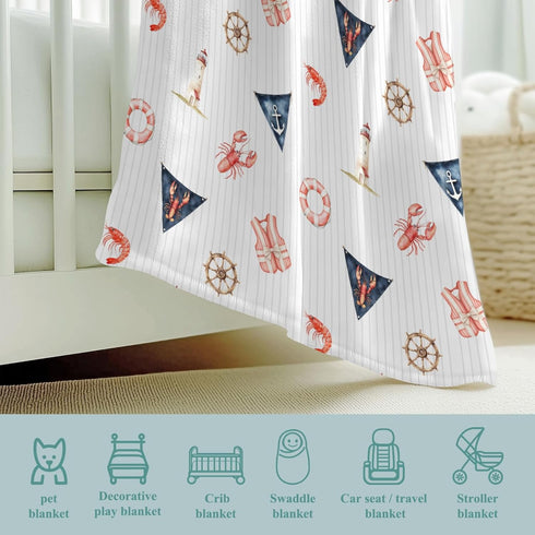 Wicbfdfv 60x80inch Cute Coastal Lighthouse Rudders Anchors Stripe Baby Boy Girl Blankets Shrimp Lobster Swim Flannel