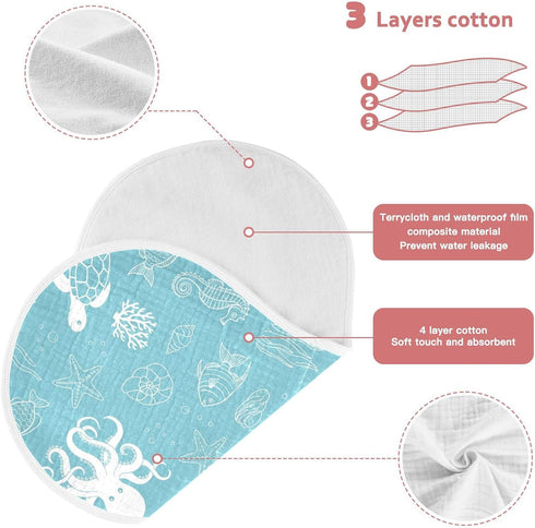 Qinllo 2 Pack 22" 11" Muslin Burp Cloths Sea Turtle Blue Cotton Baby Burp Cloths Absorbent Soft Burping Cloth
