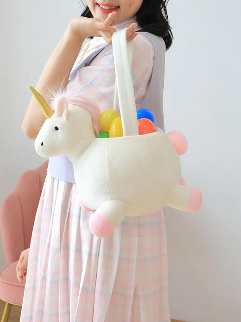 DearSun 3D Unicorn Plush Basket, Cute Candy Bucket for Kids Gift Party Decoration, Halloween Trick or Treat Baskets,