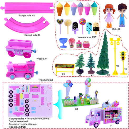 Sets 3D 3-5 Pink Classic Train for Toddlers|Musical Electric Train Toys with DIY Ice Cream Truck Foam Puzzles Party