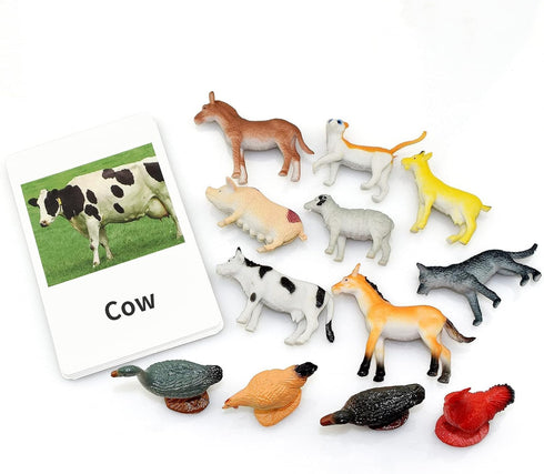 Farm Animal Toys with Flash Cards - 12 Sets of Realistic Figures, Educational Cognitive Toys for Toddlers