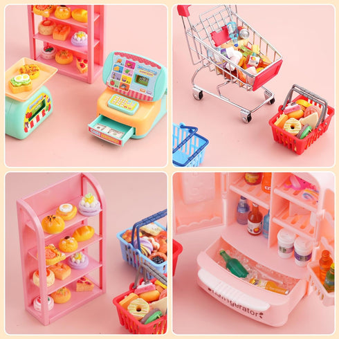 kapeiluo 165Pcs Mini Shopping Cart Basket Miniature Food Drink Toy Supermarket Metal Handcart Shelves Cash Register