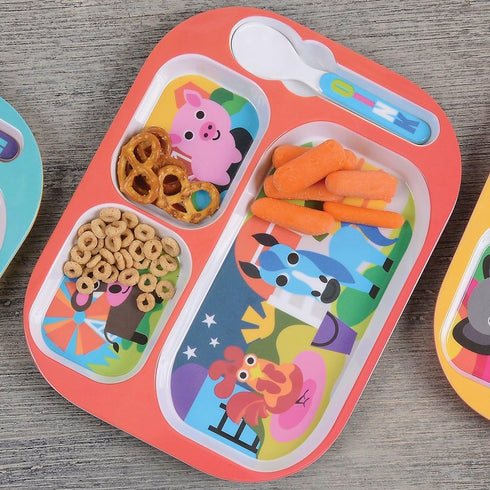 French Bull 11" Kids Everyday Tray - Divided Tray and Spoon Set, Farm Animals (74411) by French Bull