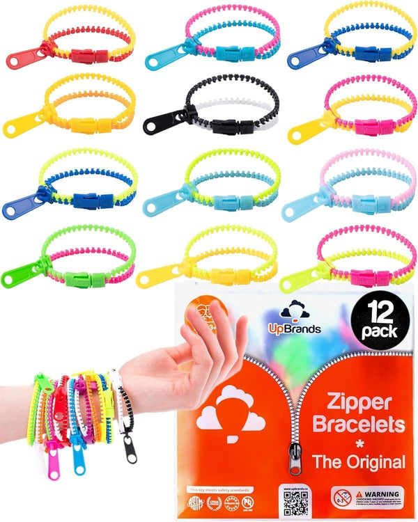 UpBrands 12 Pack Bi-color Zipper Bracelets | Trendy Fidget Accessory, Dual-Tone Design for Kids & Adults, Sensory Relief