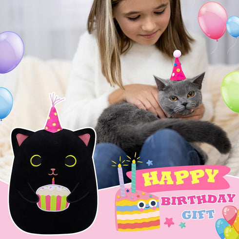 Cat Plush, 14 Inch Black Cat Birthday Stuffed Animal with Cake, Kawaii Kitten Cuddle Pillow Gift