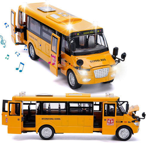Die Cast School Bus Toy 9'' Model Cars with Lights & Sounds, Openable Doors, Large Yellow Metal Vehicle for Kids