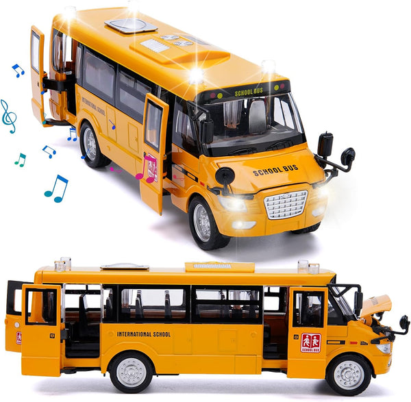 Die Cast School Bus Toy 9'' Model Cars with Lights & Sounds, Openable Doors, Large Yellow Metal Vehicle for Kids