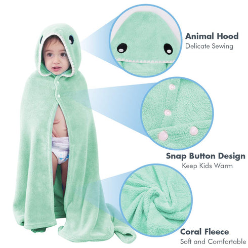 ROMASA Toddler Hooded Bath Towel, Ultra Soft Highly Absorbent Bathrobe Blanket for Boys Girls (Green Shark-Shape)