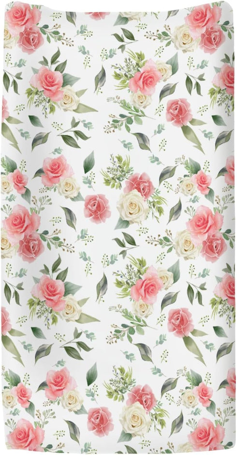 ZoUbqchY Summer 32''16'' Bloom Rose Green Leaves Changing Pad Coves for Baby Girl Boy Boho Floral Fitted Change Table