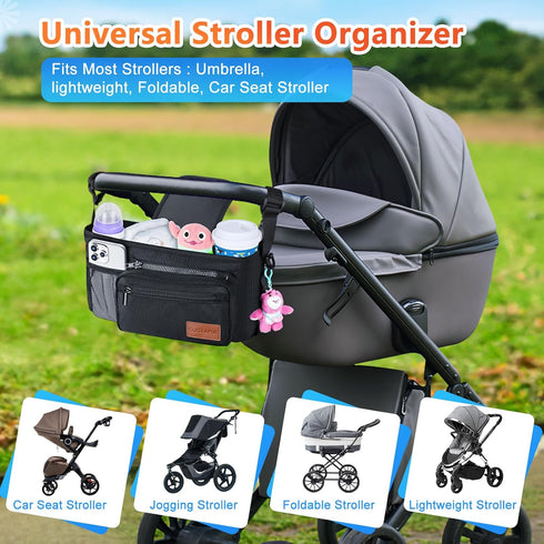 Guiseapue Universal Stroller Organizer with Cup Holder, Detachable Phone Bag, Fits Uppababy, Baby Jogger, Doona