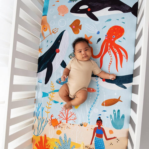 100% (52 28 inches) Rookie Humans Cotton Sateen Fitted Crib Sheet: Beyond The Reef. Modern Nursery, Use as a Photo