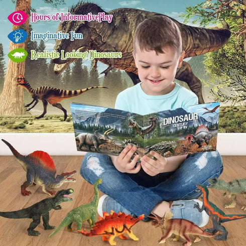 FRUSE Jurassic Dinosaur Toys - 12 PCS Realistic Jumbo Dinosaur Figurines with Educational Dino Book for Kids 3-5