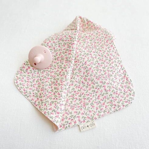 (15x15) Ali+Oli Pacifier Blanket Holder (Pink Flowers) Soft Muslin Cotton Cuddle Blanket with Button Snap Closure