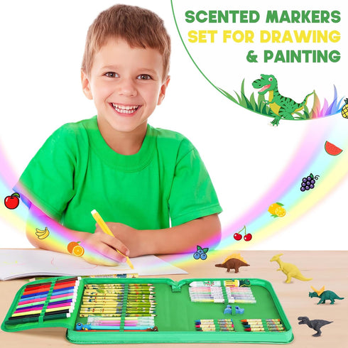 Set 57Pcs 4-6-8, 5,7,Gel Fruit Scented Markers with Glitter Dinosaur Pencil Case & Stationery, Art Supplies for Kids